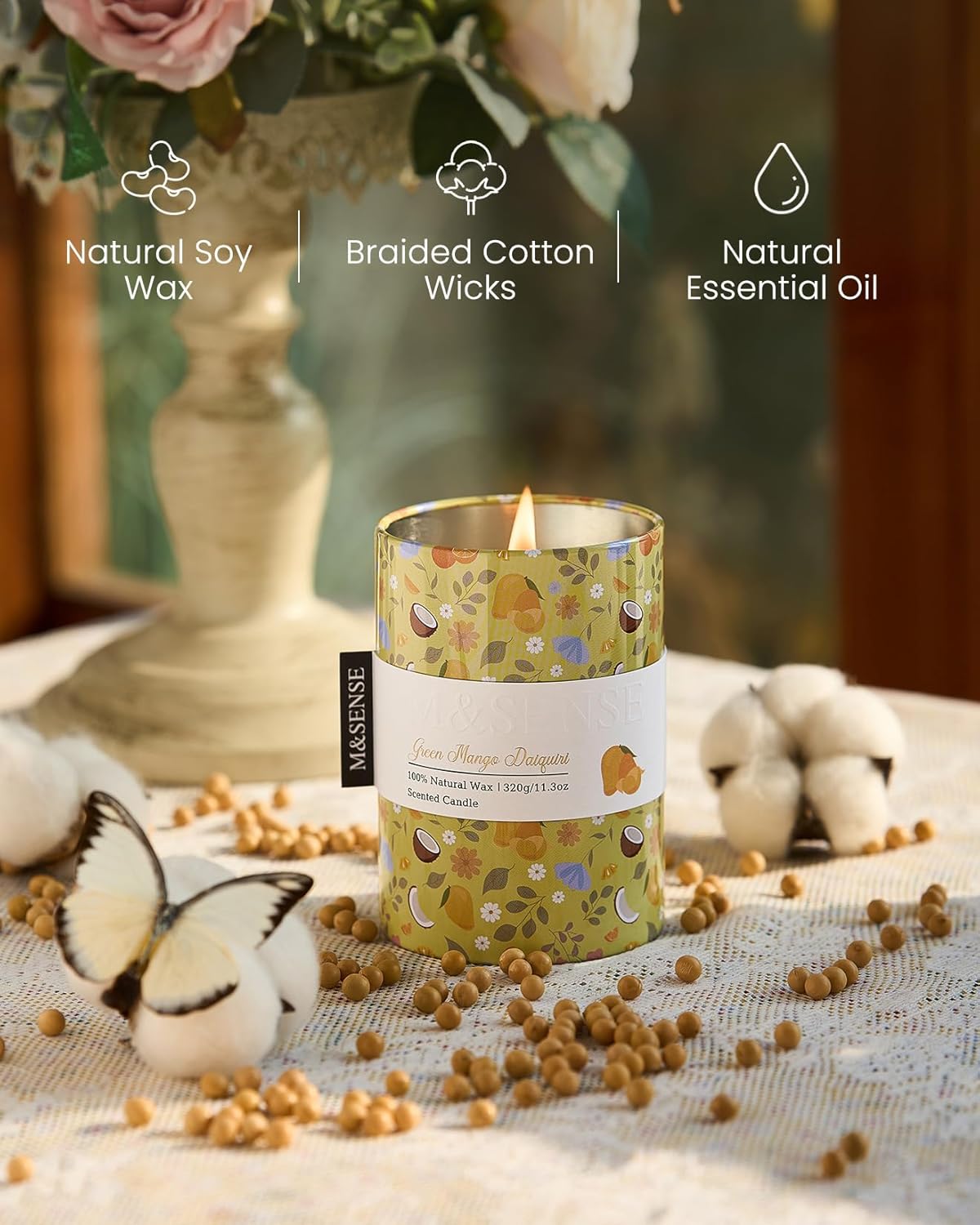 M&SENSE Green Mango Daiquiri Scented Candle, Medium Jar Candle 11.3oz Natural Soy Wax for Home