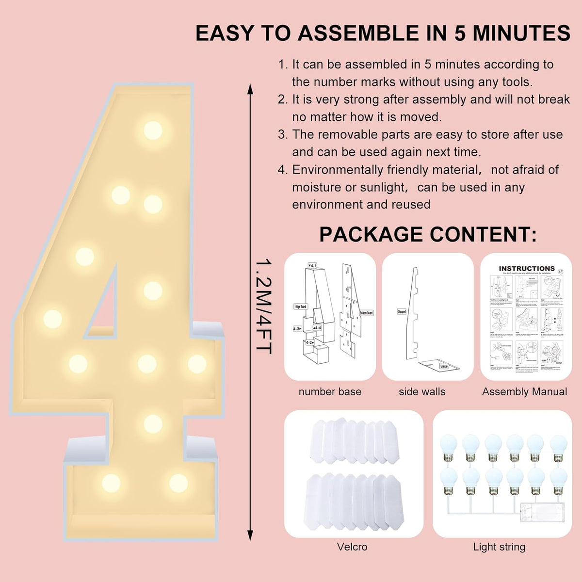 4FT Plastic Marquee Numbers 4 - Light up Numbers Are Made from Corrugated Plastic Board - Quick