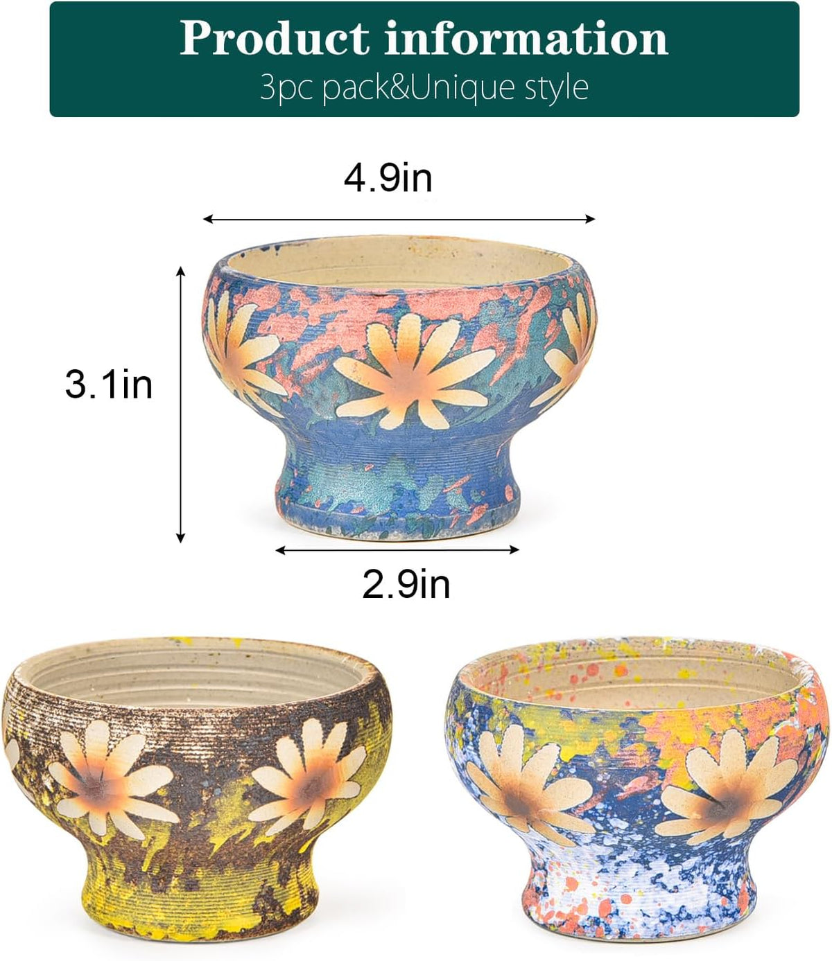 Sungmor Small Succulent Planters Set of 3, Beautiful Hand Crafted Ceramic Plant Pots Cute Cactus