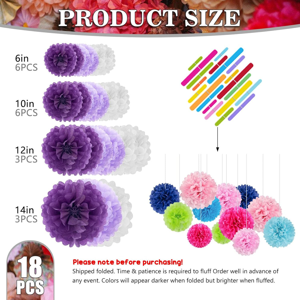 Tissue Paper Pom Poms, Purple White Tissue Paper Flowers, Hanging Flower Balls for Weddings Fiesta