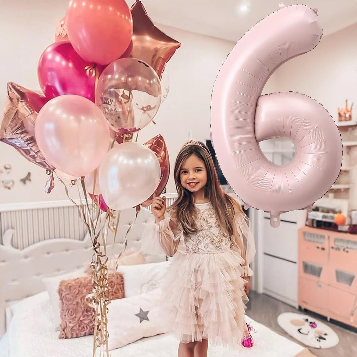 Light Pink Number Balloon 6, 40 Inch Large Self Inflating 6 Foil Number Balloons 0-9, Blush Pastel