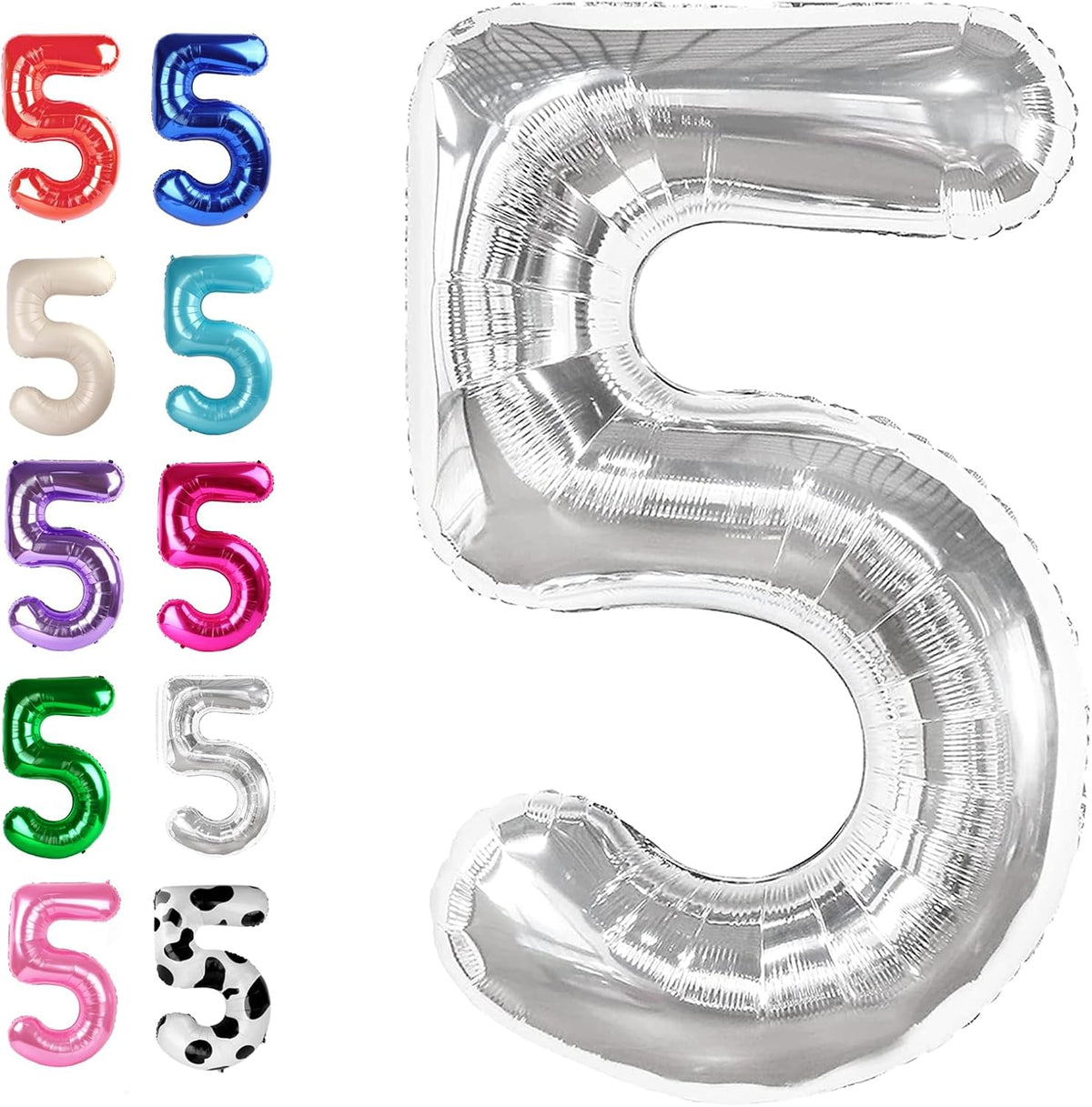 Silver 40 Inch Large Number 5 Birthday Balloon, Five 5th 15 25 35 50 55 Birthday Celebration