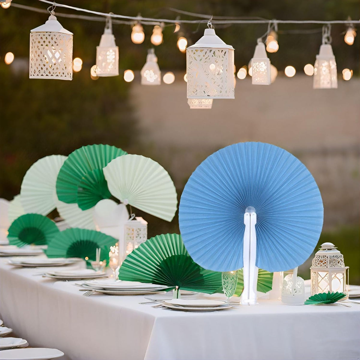 12 Packs Decorative Paper Folding Hand Fans Handheld,Blue Round Foldable Wedding Fans Chinese and
