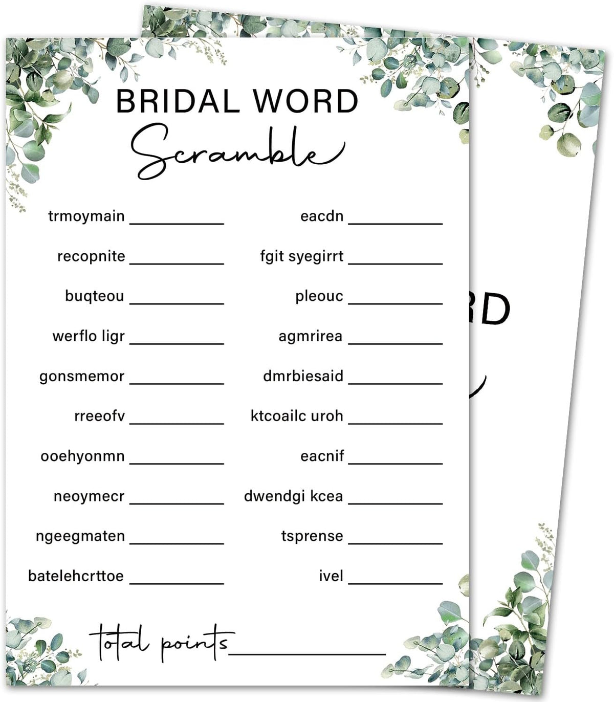 Eucalyptus Bridal Shower Game Cards - Word Scramble, Wedding Engagement Bachelorette Party Bridal