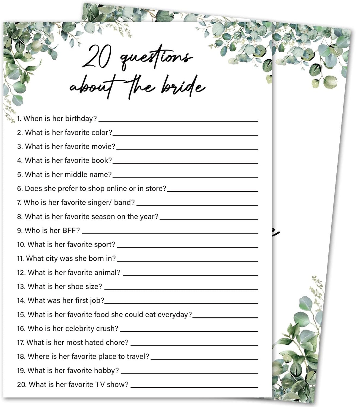 Eucalyptus Bridal Shower Game Cards - 20 Questions About The Bride, Wedding Engagement Bachelorette