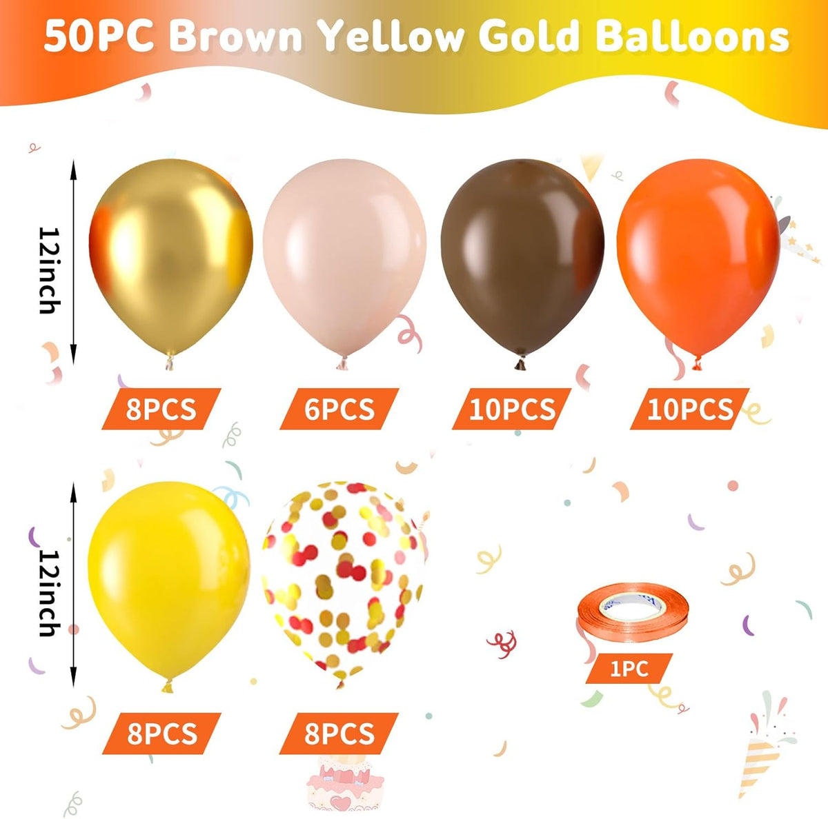Fall Balloons, 50pcs Orange and Gold Balloons, Orange Brown Yellow Balloon, Gold Red Confetti