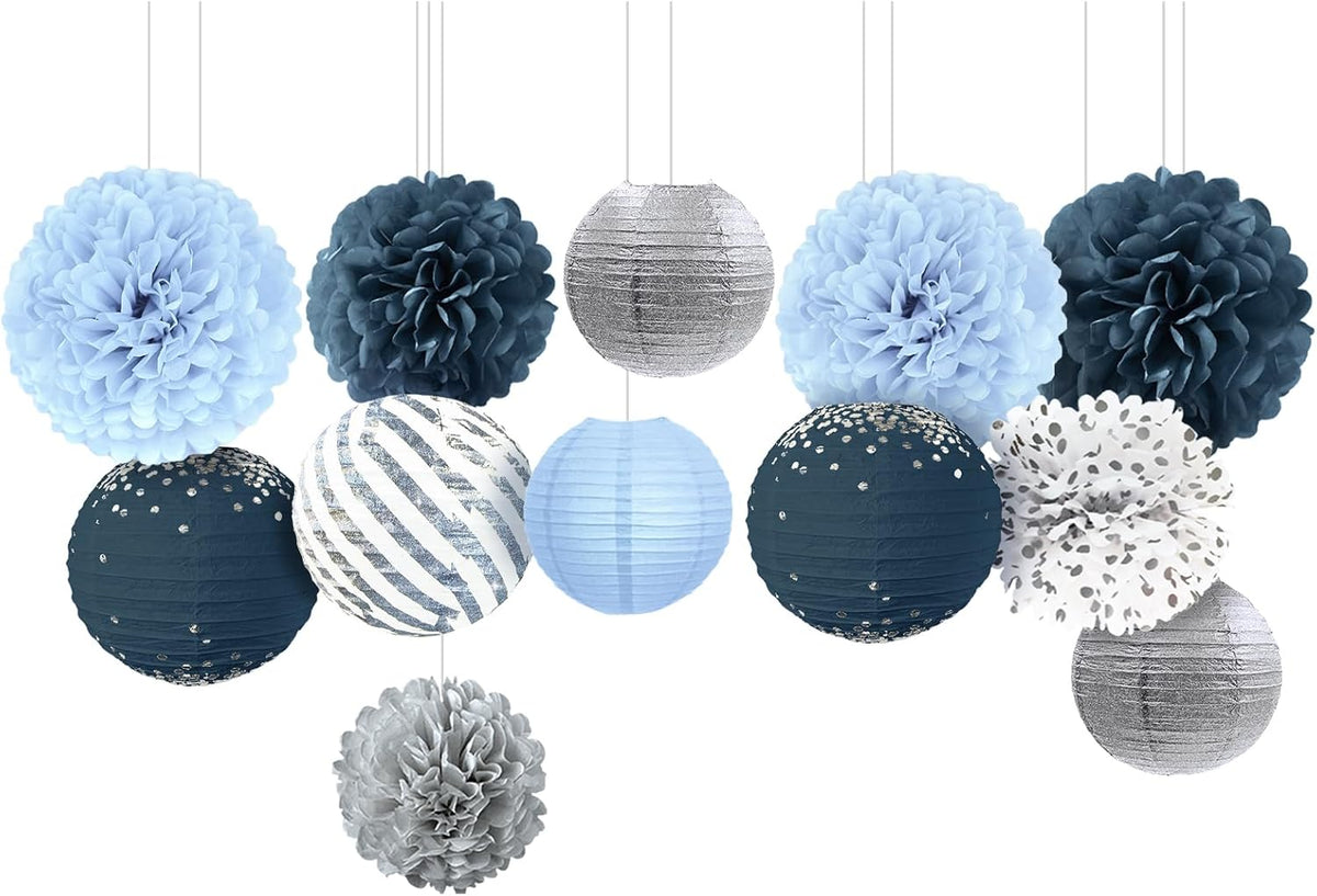 NICROLANDEE Dusty Blue Wedding Decorations, 12 PCS Blue Grey Tissue Pom Poms Paper Lanterns Decor