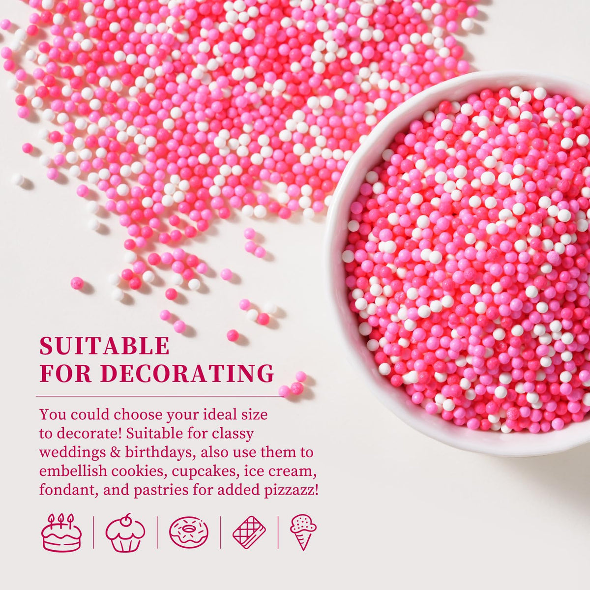 Pink Sprinkles for Cupcakes, 2 mm Pink and White Pearl Sprinkles, Nonpareils Sprinkle for Cookies