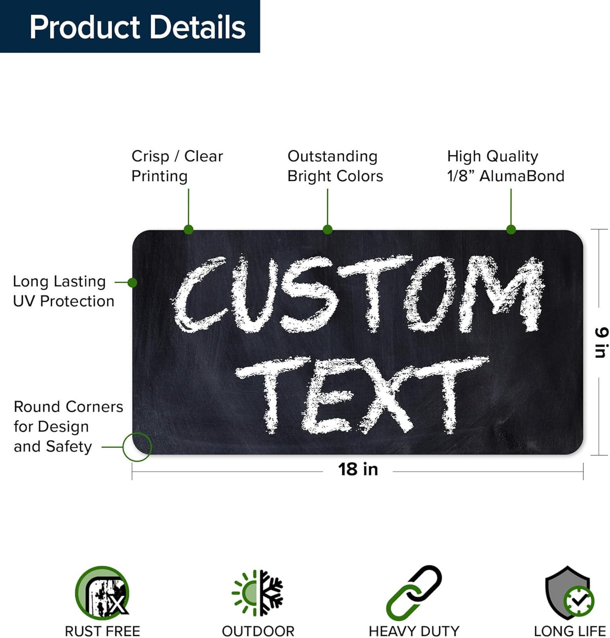 Custom Sign, Custom Street Sign, 11 Font Colors, 13 Font Styles, 4 Hole Options, 22 Sizes, 9x18