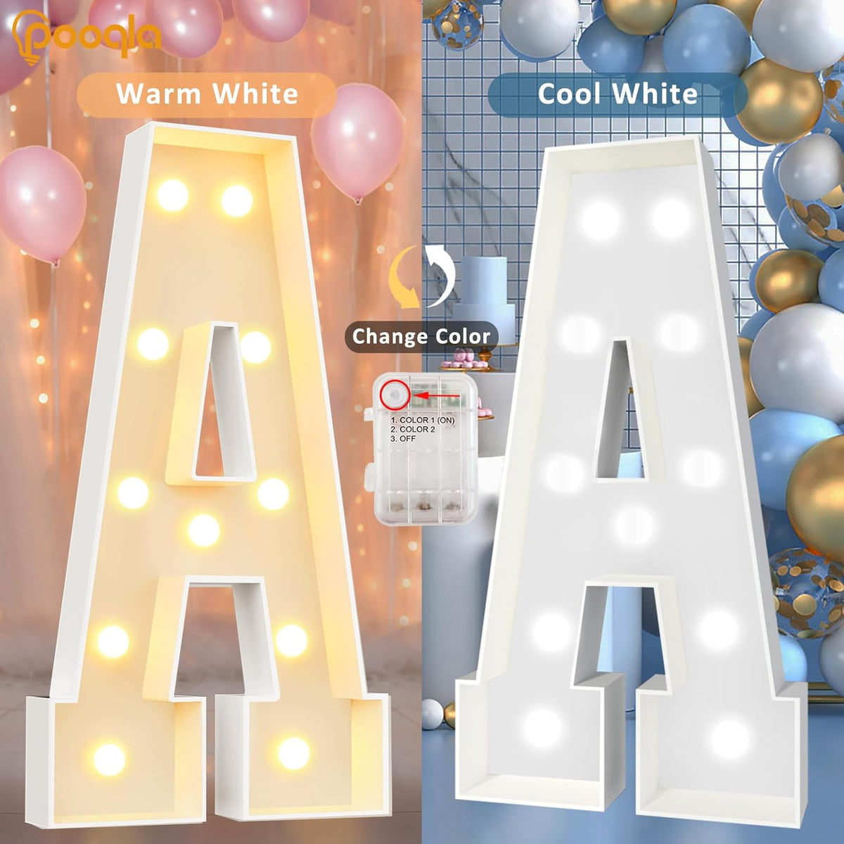 Pooqla 4 FT Marquee Light Up Letters, Cool White and Warm White Marquee Letter 4 Feet Tall, Giant