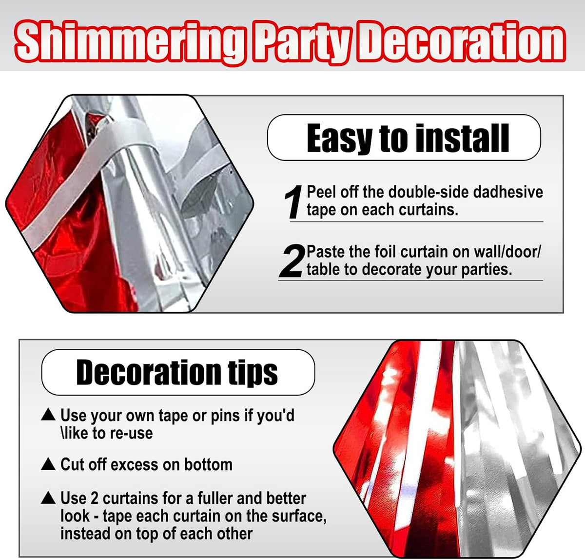 3 Pack Red Silver Foil Fringe Curtain Backdrop, 3.28Ft x 8.2Ft Metallic Tinsel Foil Fringe Streamer
