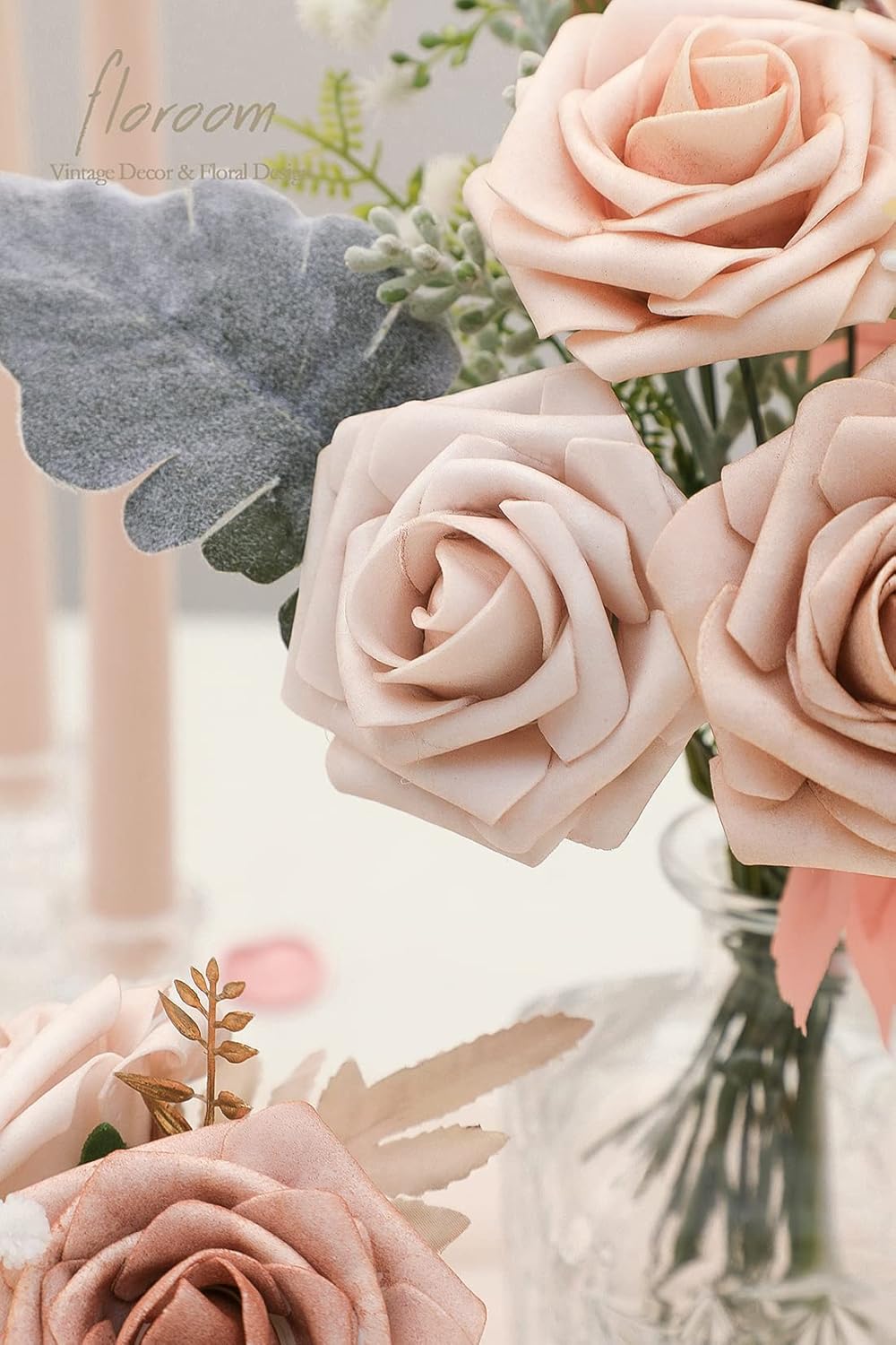 Floroom Artificial Flowers 25pcs Real Looking Morandi Peach Ombre Colors Foam Fake Roses with Stems