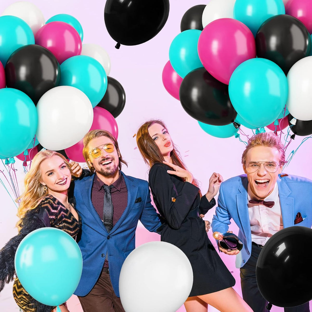 Paready Disco Music Party Balloons, 30 Pcs 12 Inch Hot Pink Black Blue and White Latex Balloons
