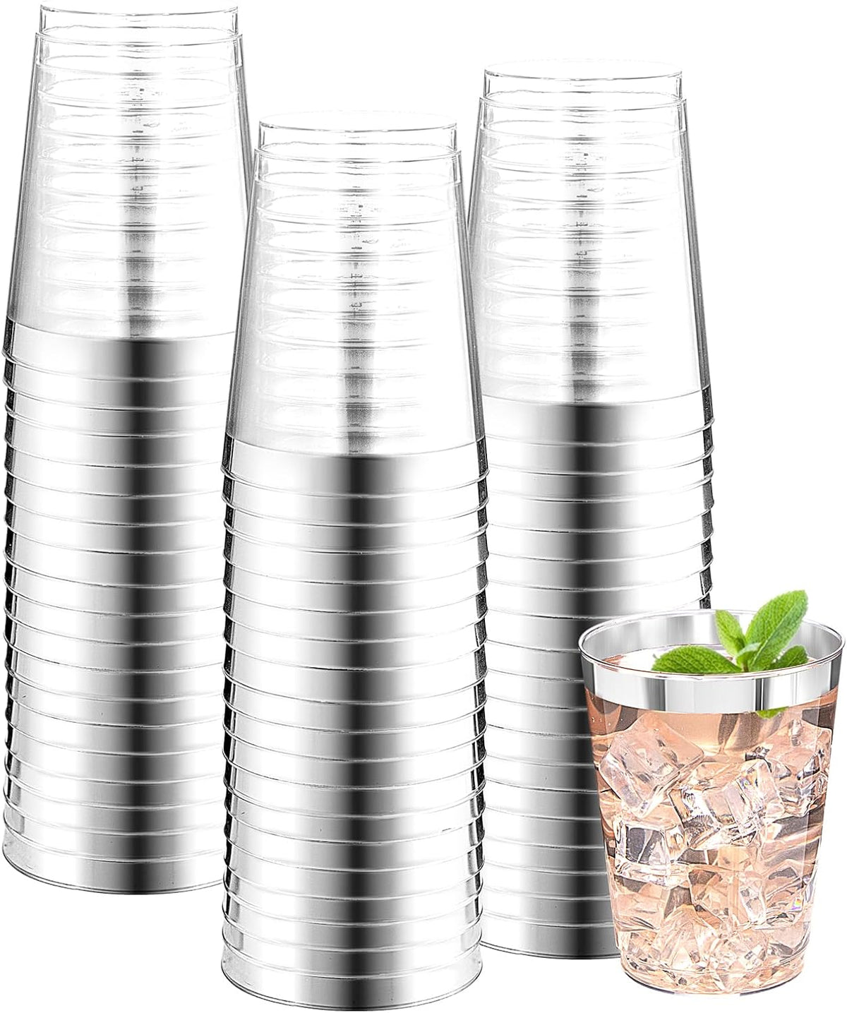 DaYammi 200 Pack Silver Plastic Cups 10 Oz Clear Plastic Cups Silver Rimmed Disposable Wine Glasses