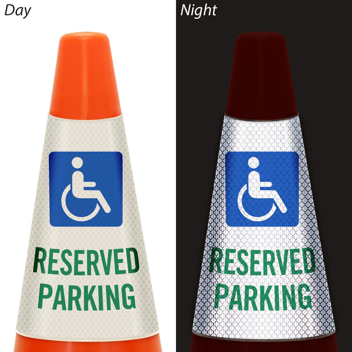 SmartSign “Reserved Parking with Handicapped Symbol” Bright Reflective Cone Message Sleeve, [Cone