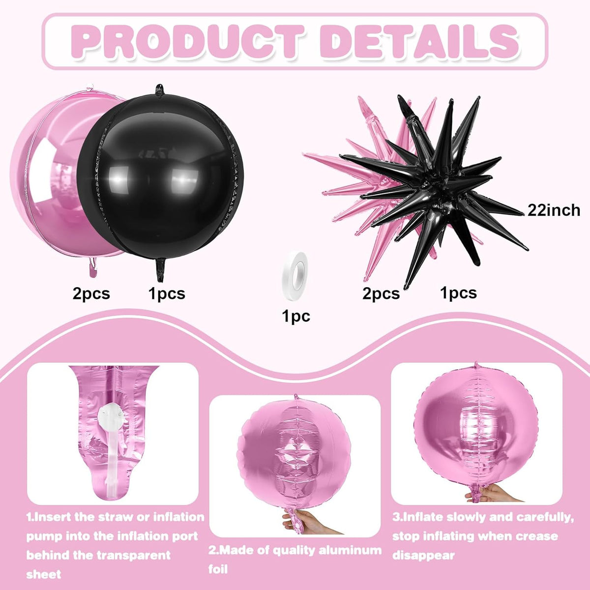6Pcs Pink Black Foil Balloons,22Inch Black and Pink 4D Round Ball Balloon and Explosion Star