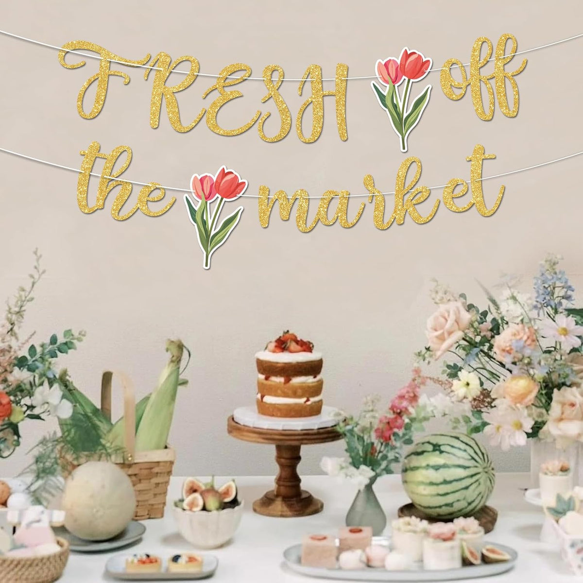 Fresh Off The Market Bridal Shower Banner, Gold Glitter Farmers Market Floral Theme Wedding Banner