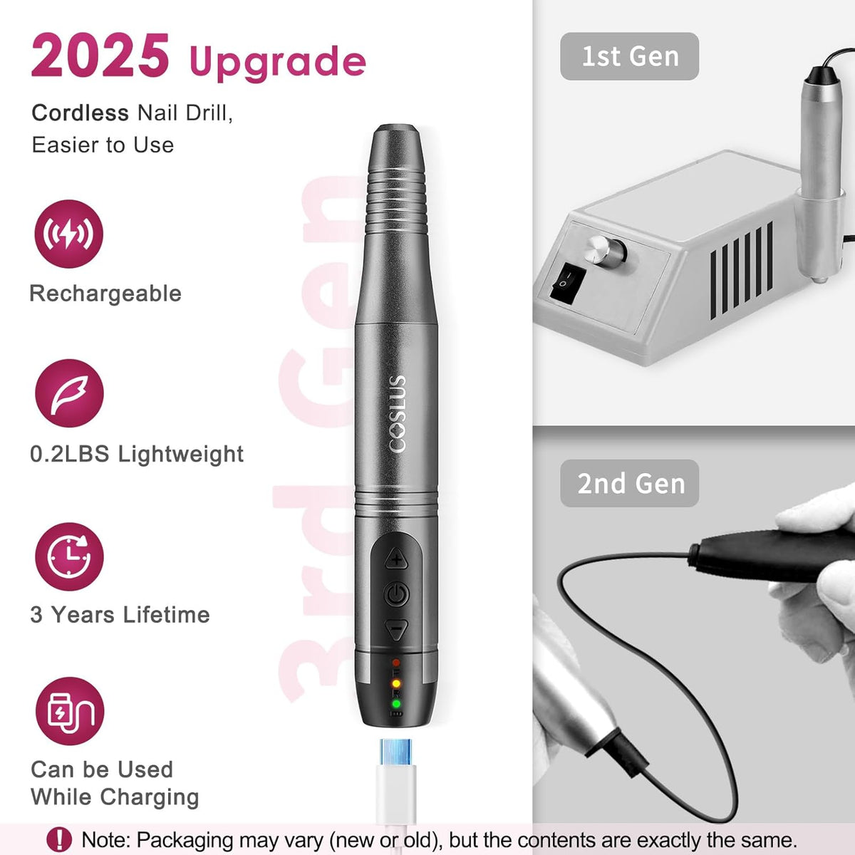 COSLUS Cordless Nail Drill Electric File: Professional for Acrylic Gel Dip Powder Nails Portable