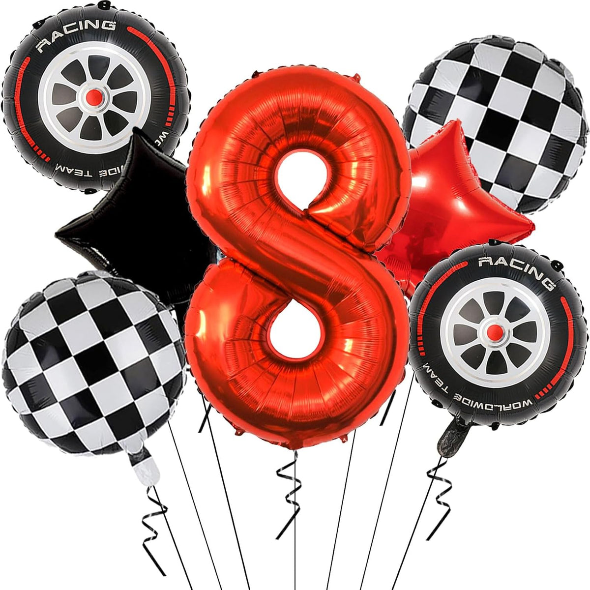Race Car Birthday Decorations - 40 Inch Mylar Red Number 8 Balloons - Black Foil Checkered Race Car