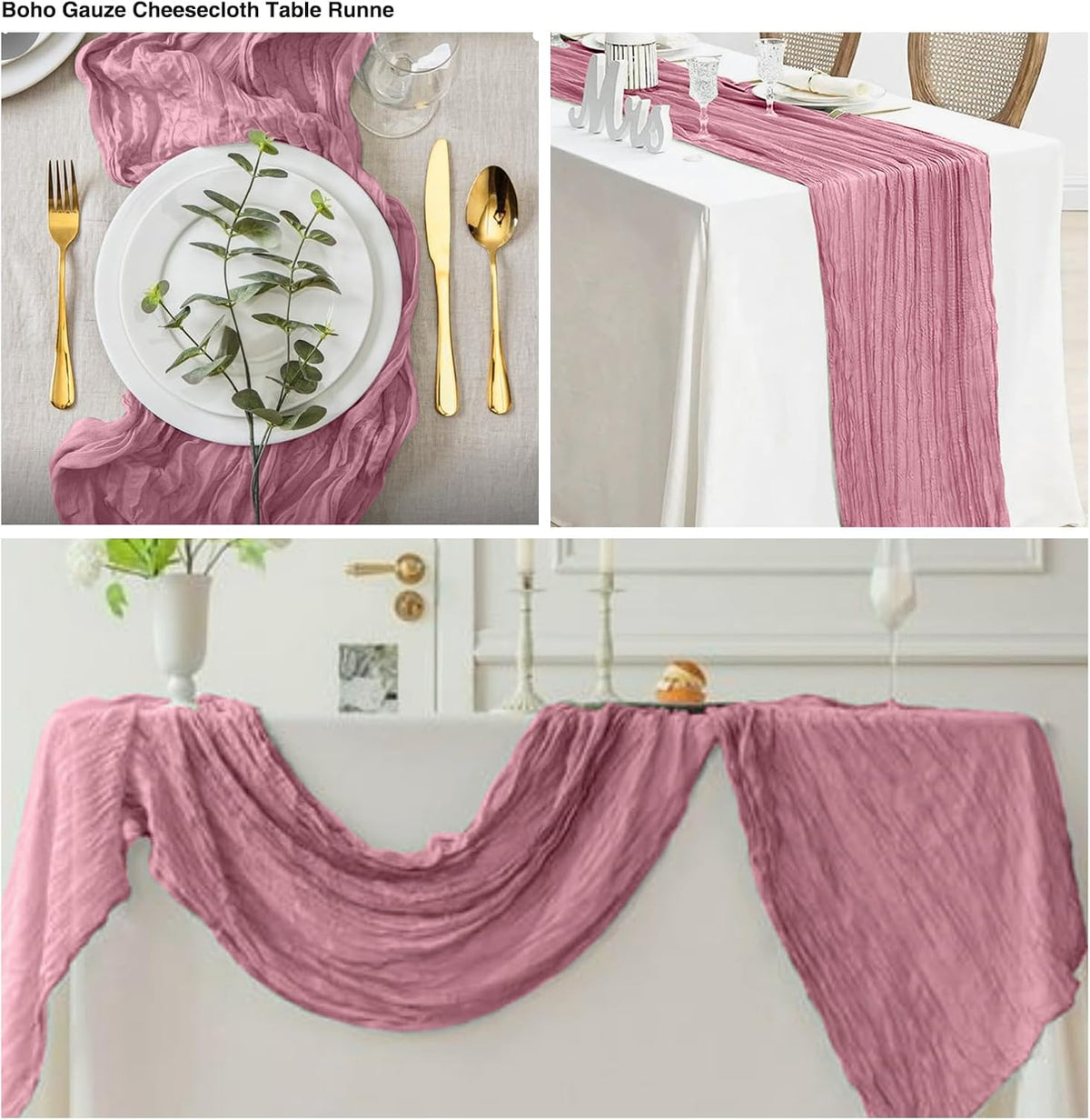 12 Pack Dusty Rose 10 Ft Cheesecloth Table Runner 20x120 Inch Boho Wrinkled Sheer Romantic Gauze