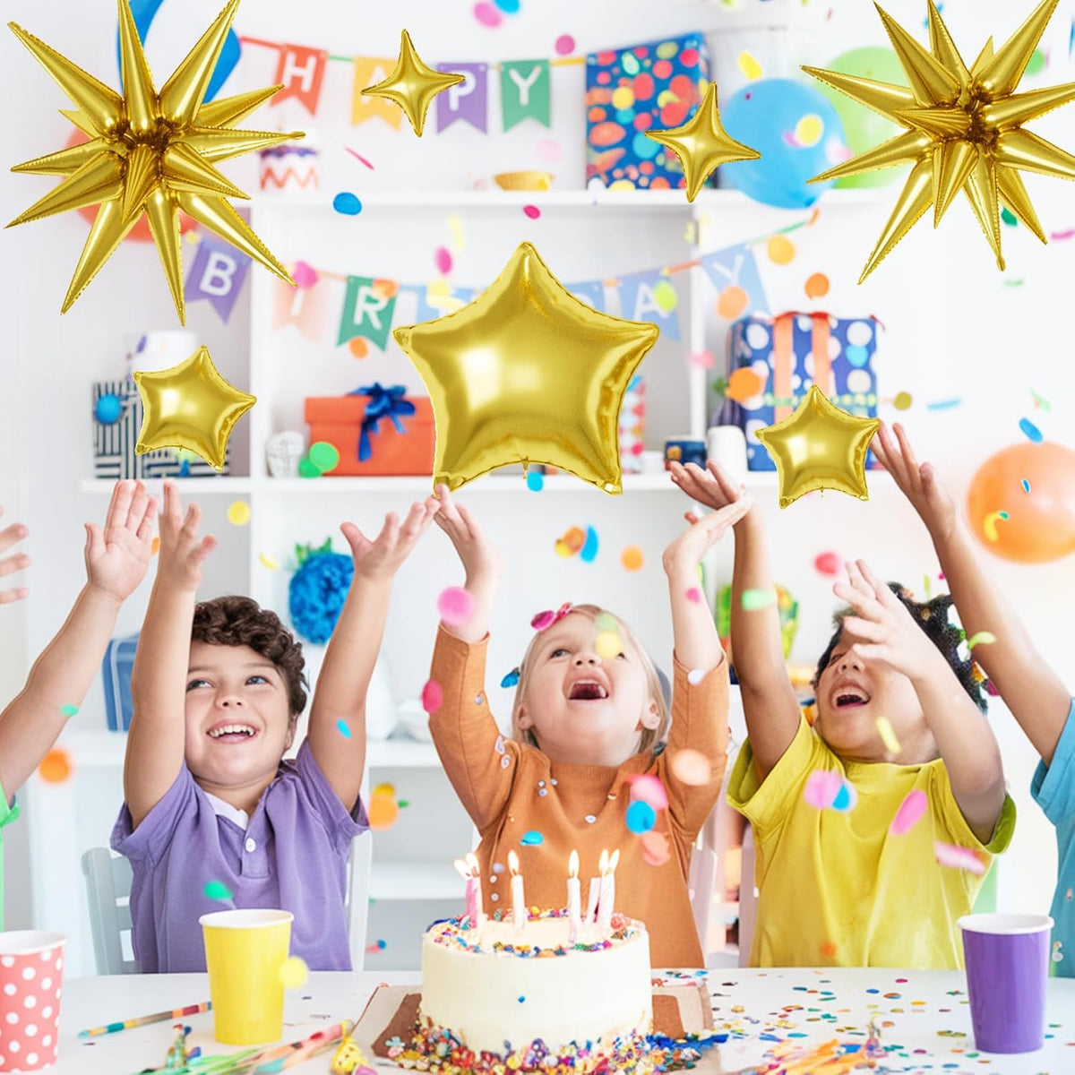 16 Pcs Gold Star Balloons, 22/18/10 Inch Foil Balloons, Four-Pointed Balloon for Kids Birthday