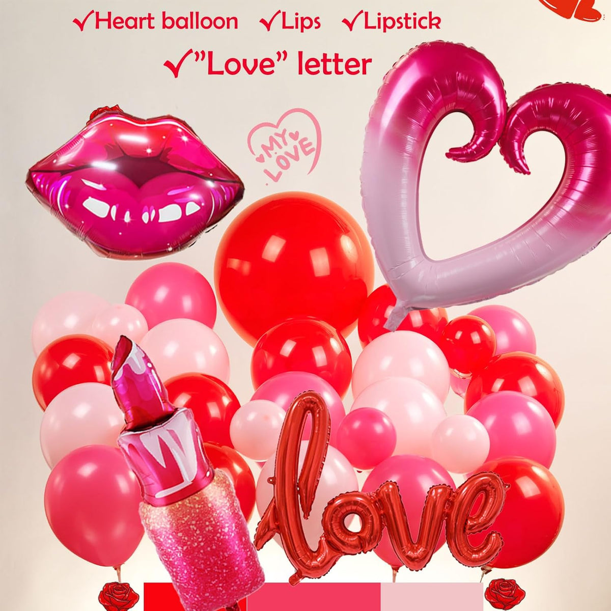 Valentines Day balloon garland arch kit with red Hot pink and love theme mylar lip heart-shaped