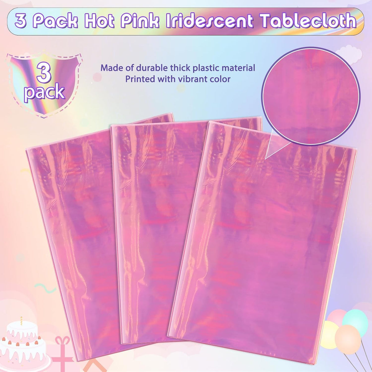 3 Pack Iridescent Plastic Tablecloth, Shiny Disposable Laser Rectangle Table Covers, Holographic
