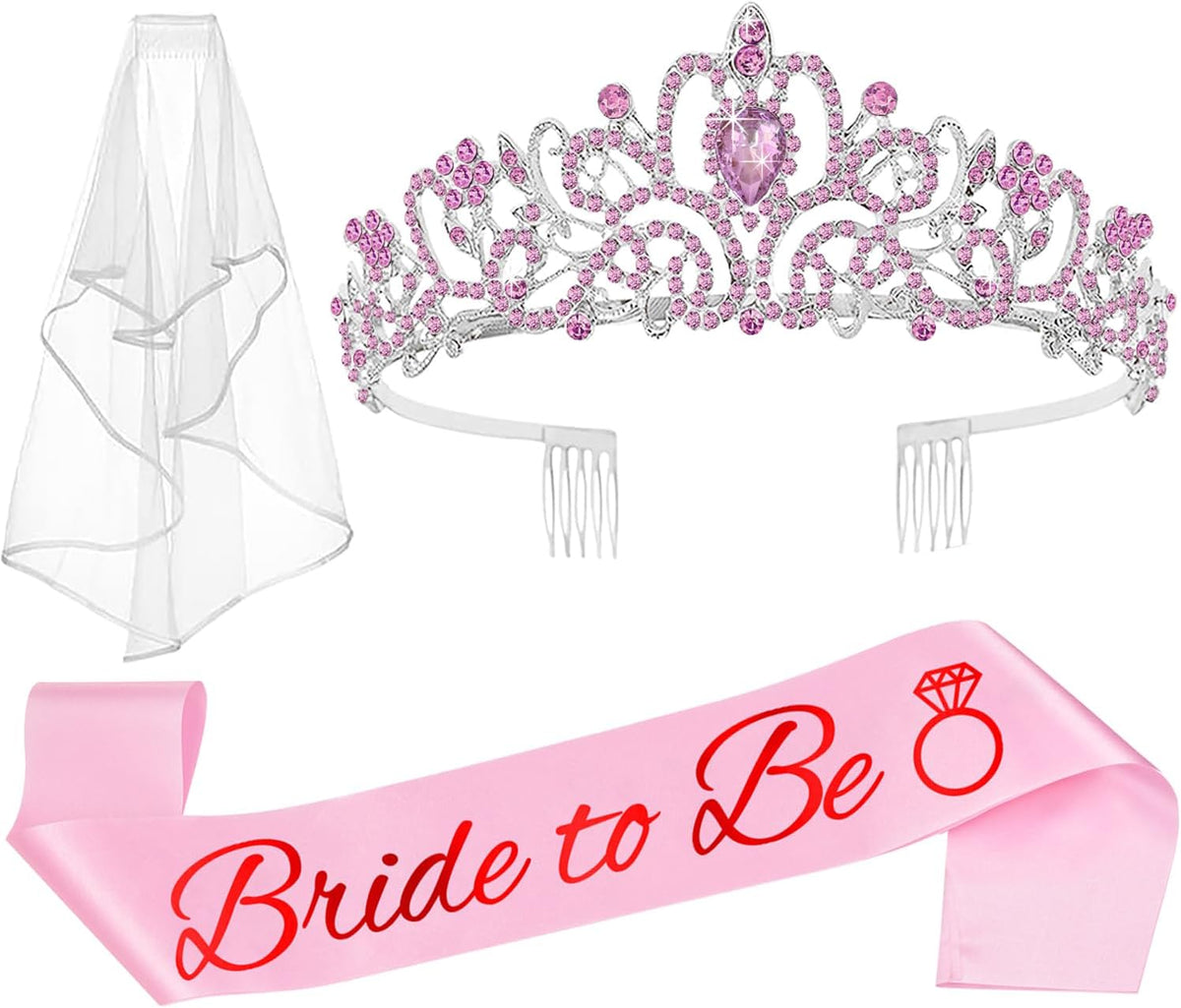 JETKONG 3 Pcs Bachelorette Party Decorations Bridal Shower Crown, Bride to Be Sash&Veil for Women
