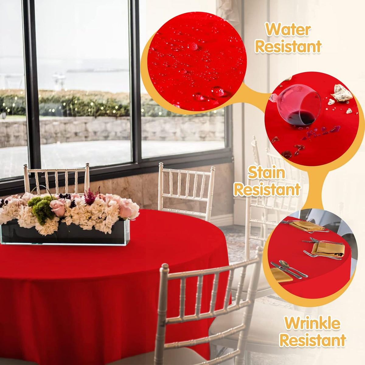 BRILLMAX 6 Pack Red Round Tablecloths 132 Inch - Circle Bulk Linen Polyester Fabric Washable Table