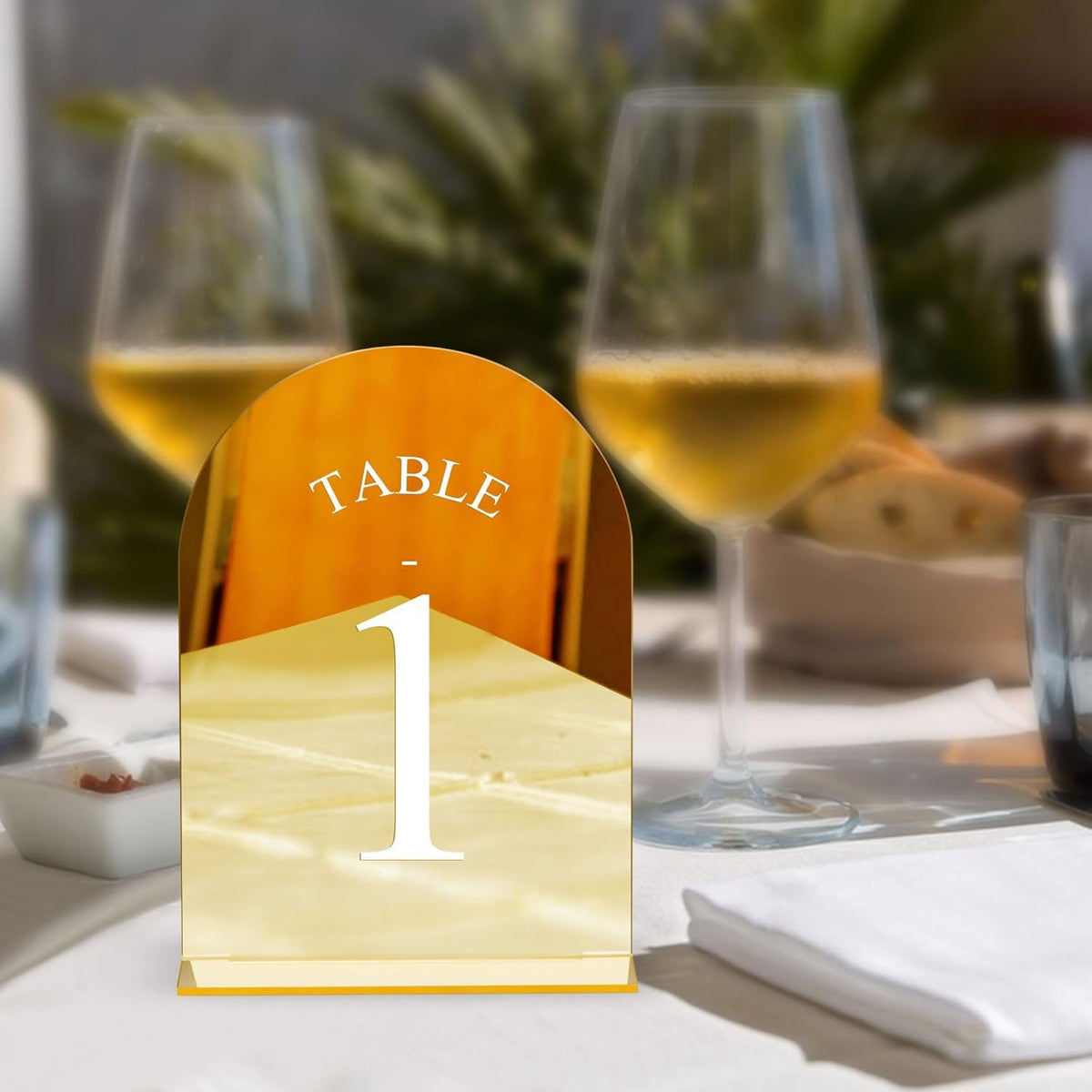 JOYIT Arch Wedding Table Numbers 1-50 with Stands – 5" X 7" Acrylic Mirrored Gold Table Number