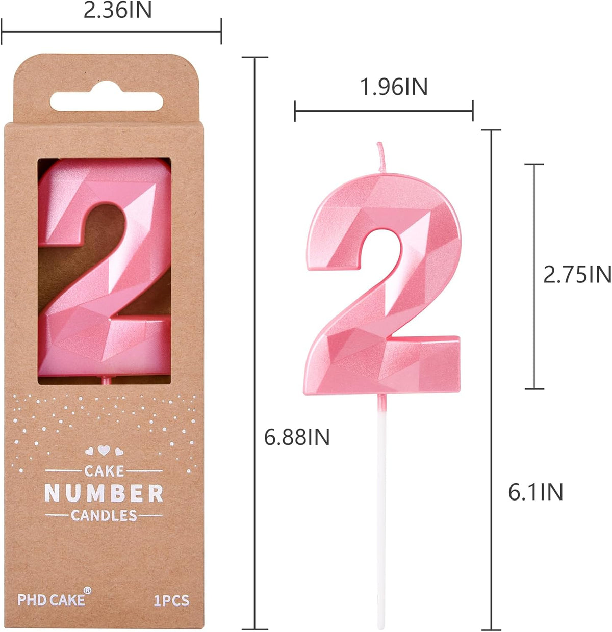 PHD CAKE 2.76 Inch Crystal Pink 2 Number Birthday Candles, Pink Number Candles, Cake Number