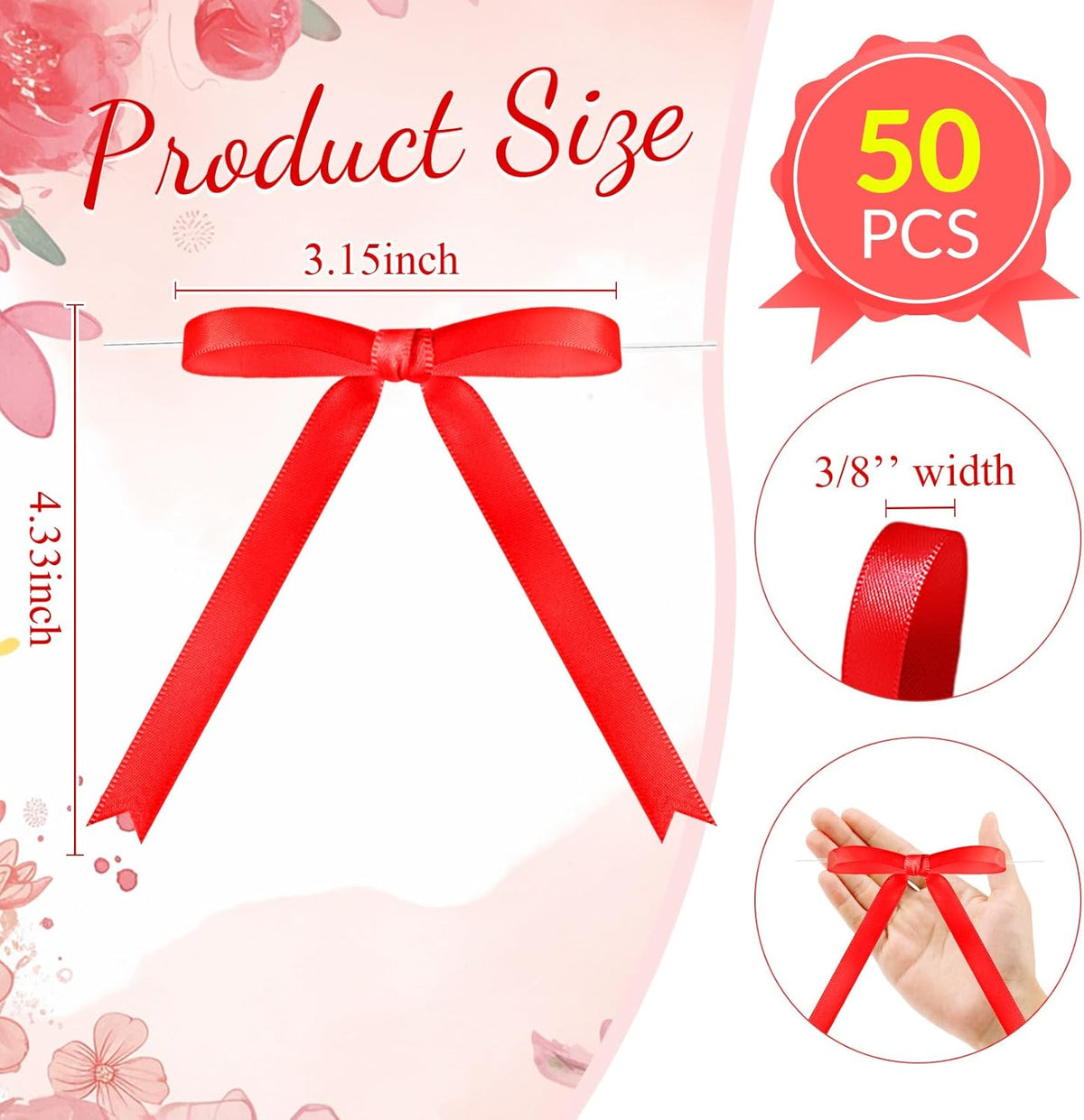 Riceshoot 50 Pcs Twist Tie Bows for Cake 3x4.5 Inch Satin Ribbon Bows for Gift Wrapping Treat Bags