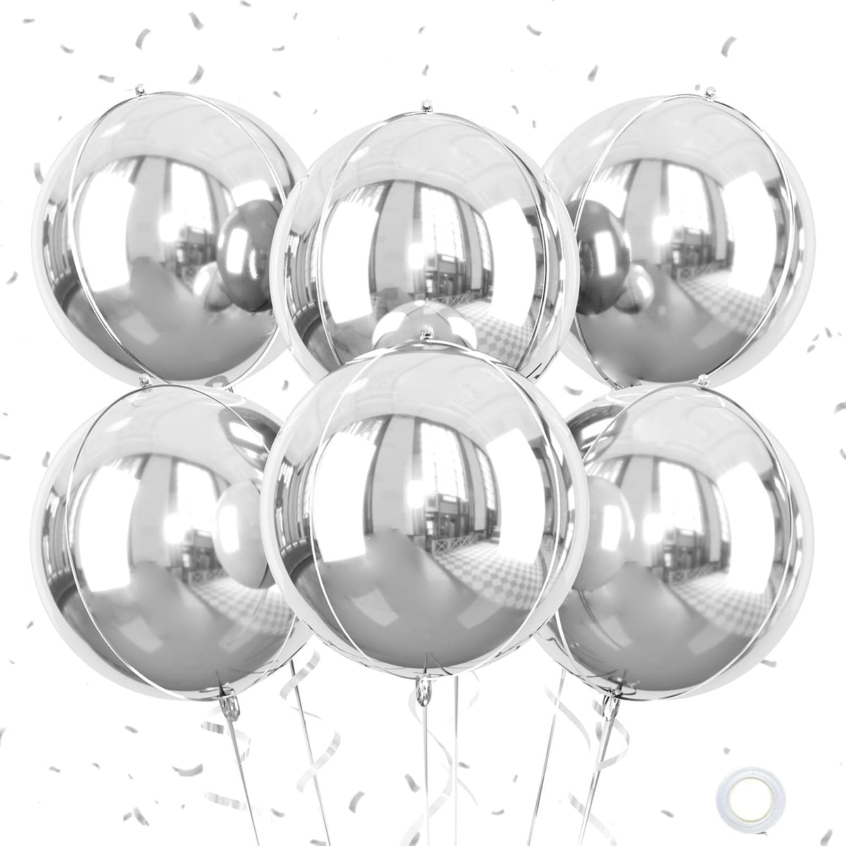 Giant 4D Foil Balloons, 6Pcs Large Metallic Silver Round Balloons, 22 Inch Big Round Foil Balloon