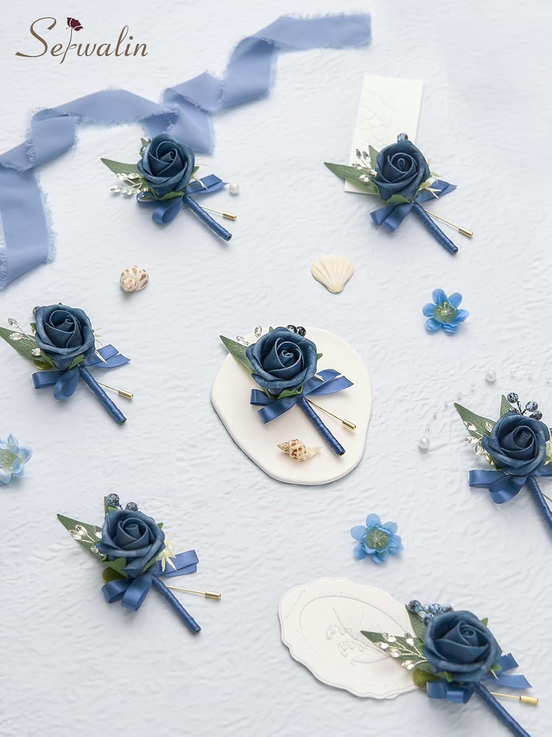 Serwalin 10Pcs Boutonniere for Men, Blue Groom and Best Man Boutonniere, Artificial Flowers for