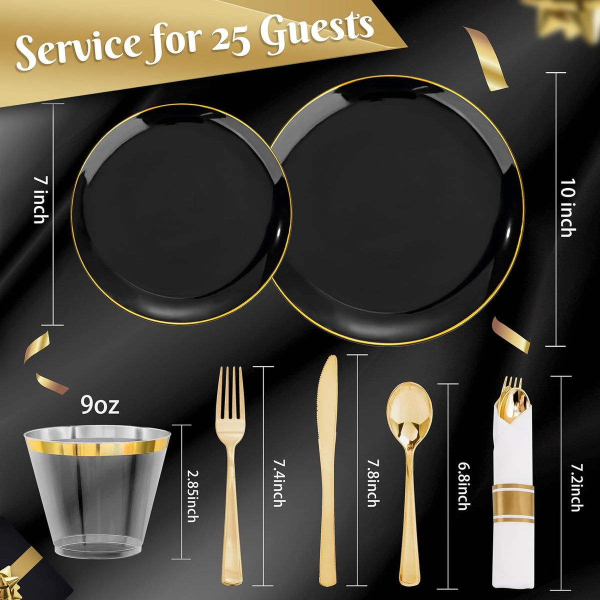 KIRE 175Pcs Black Plates Disposable - Heavy Duty Black and Gold Plastic Plates- 25 for Dinner 25