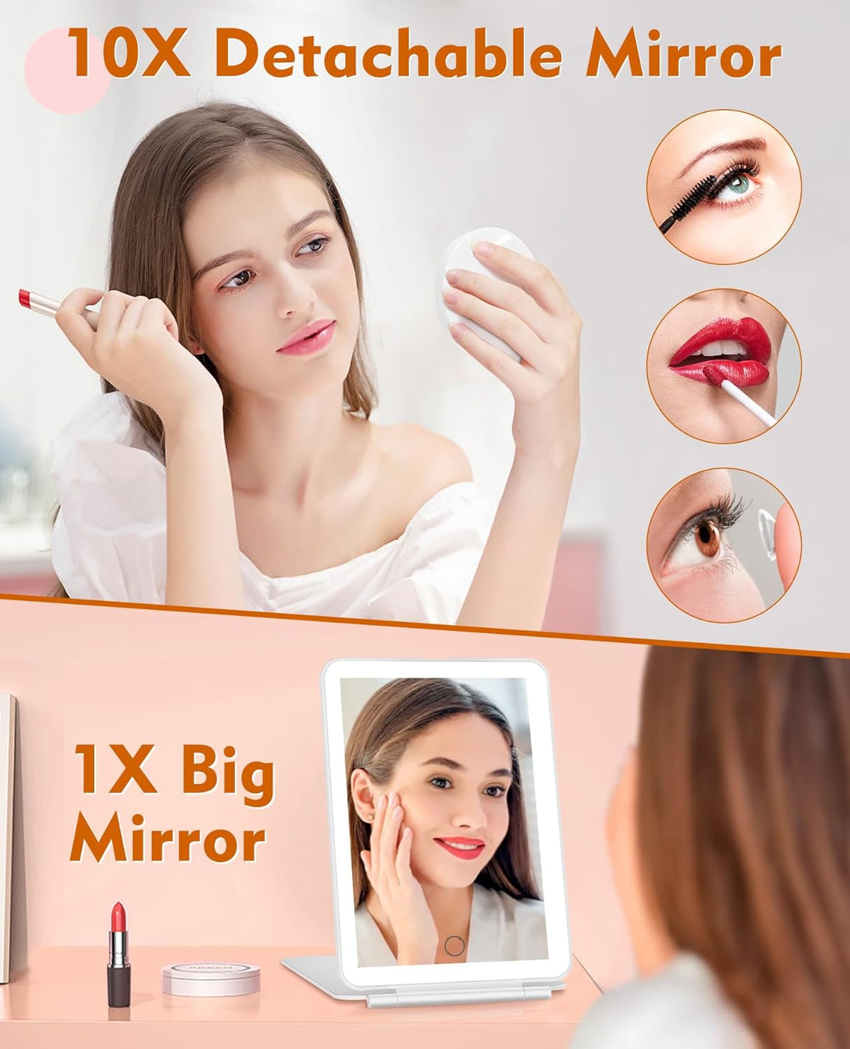 FUNTOUCH Rechargeable Travel Makeup Mirror with Lights and 10X Magnifying Mirrors, Portable Lighted