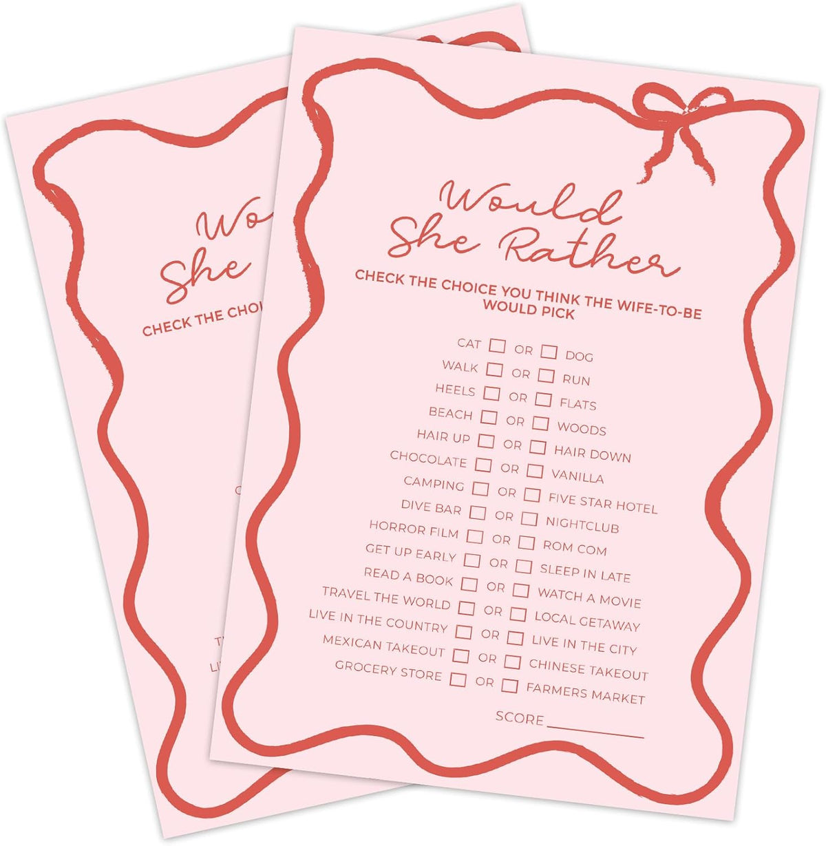 DEEKA 30 PCS Bridal Shower Games Card for 30 Guests Pink Wavy Border Ribbon Bow Funny Wedding