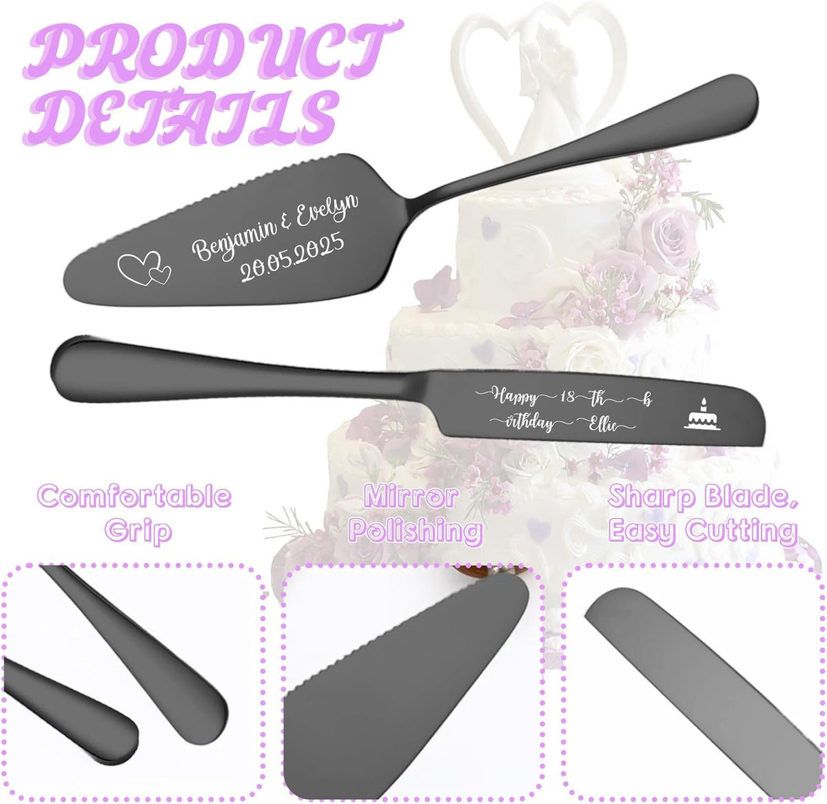 Custom Wedding Cake Knife and Server Set,Personalised Cake Serving Kit,Engraved Cake Cutting Set