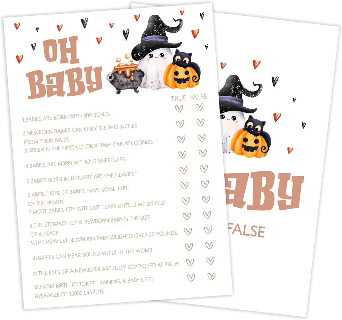 Baby Shower Games, Halloween Oh Baby True or False, 25 Double-Sided Game Cards + 1 Answer Card for