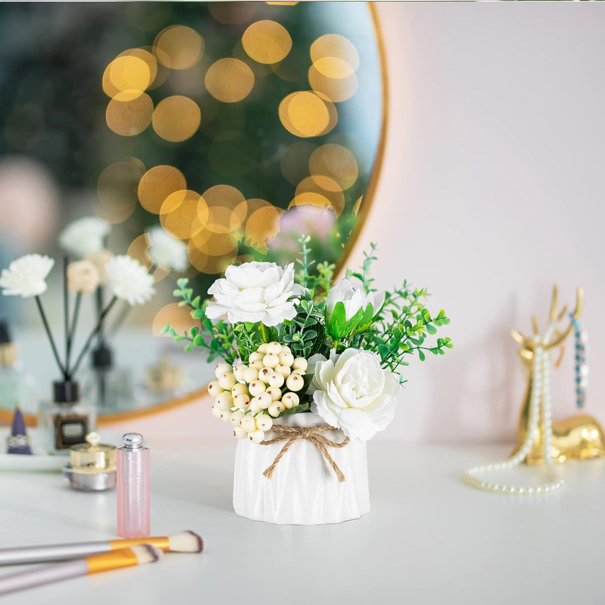 BLOSMON Table Decor Artificial Flowers Vase 7 Inch Small Fake Flower White Arrangement 2pcs Floral