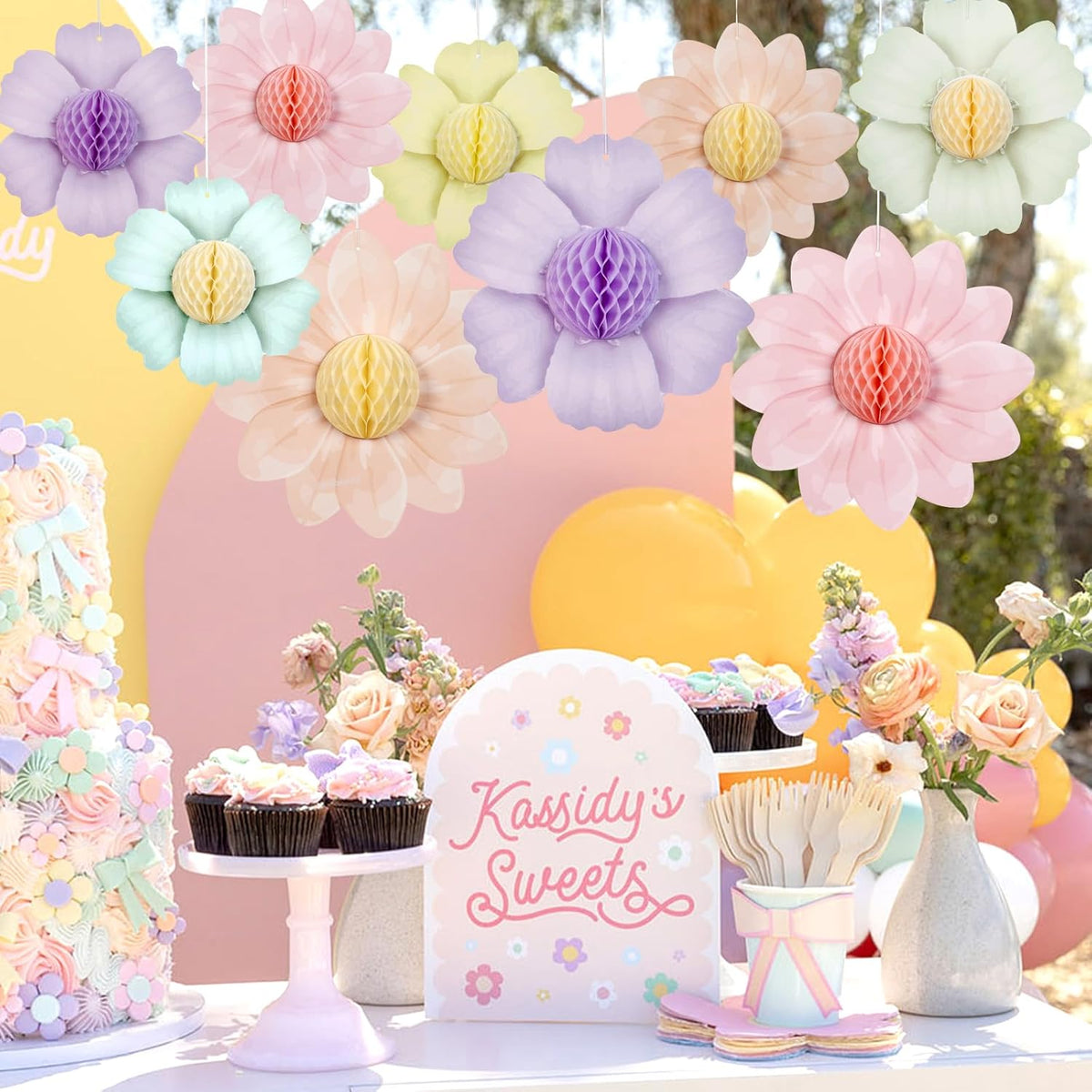SUNBEAUTY 9 PCS Pastel Rainbow Party Decorations 10 Inch Giant Paper Flowers 3D Honeycomb for Party