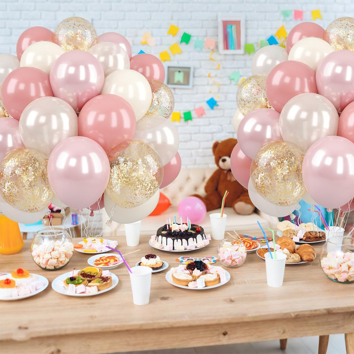 Pink and Gold Balloons, 50Pcs 12 Inch Retro Blush Pink Cream White Double Stuffed-pink Metallic