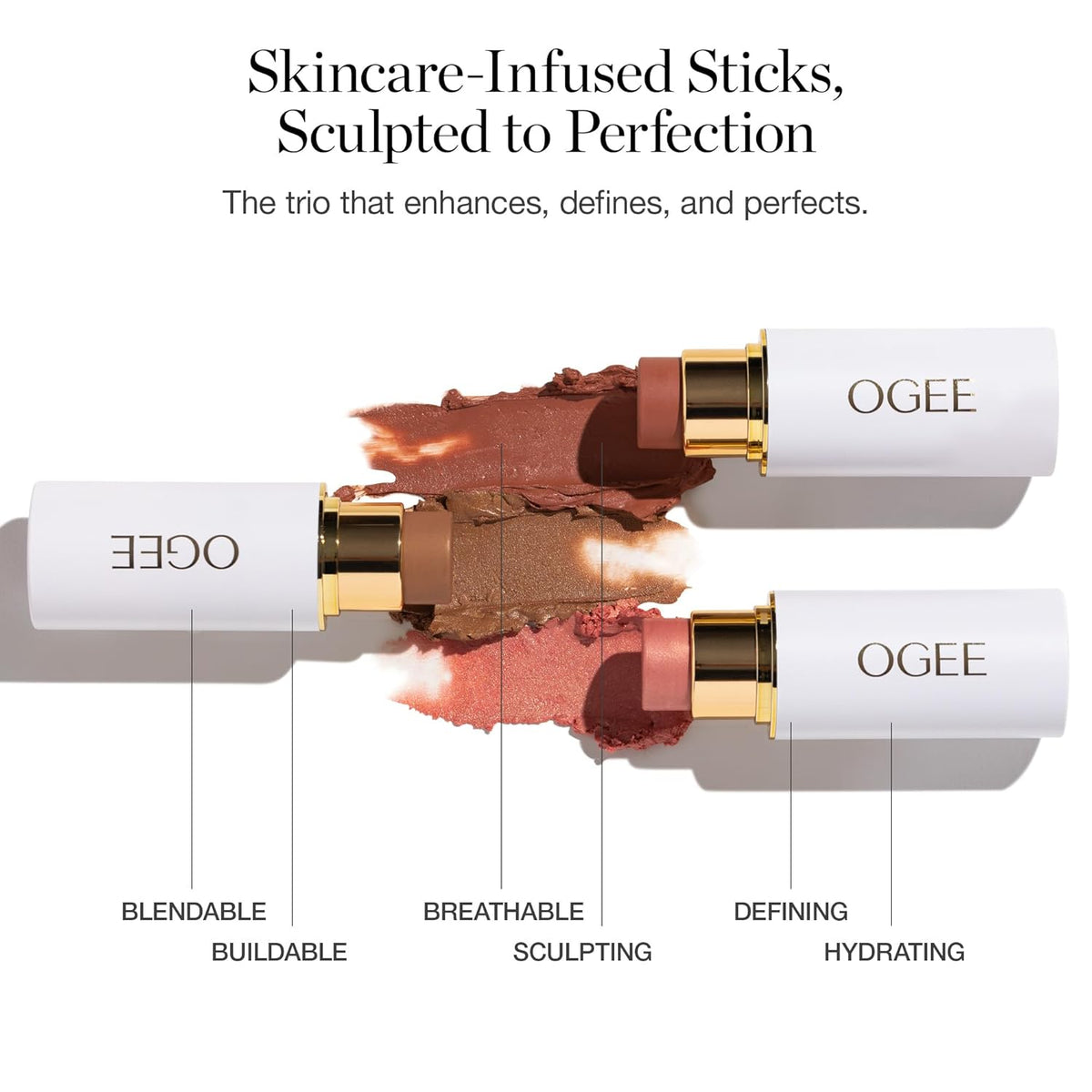 Ogee Face Stick Trio - Golden Contour Stick Makeup Collection - Certified Organic Bronzer, Blush