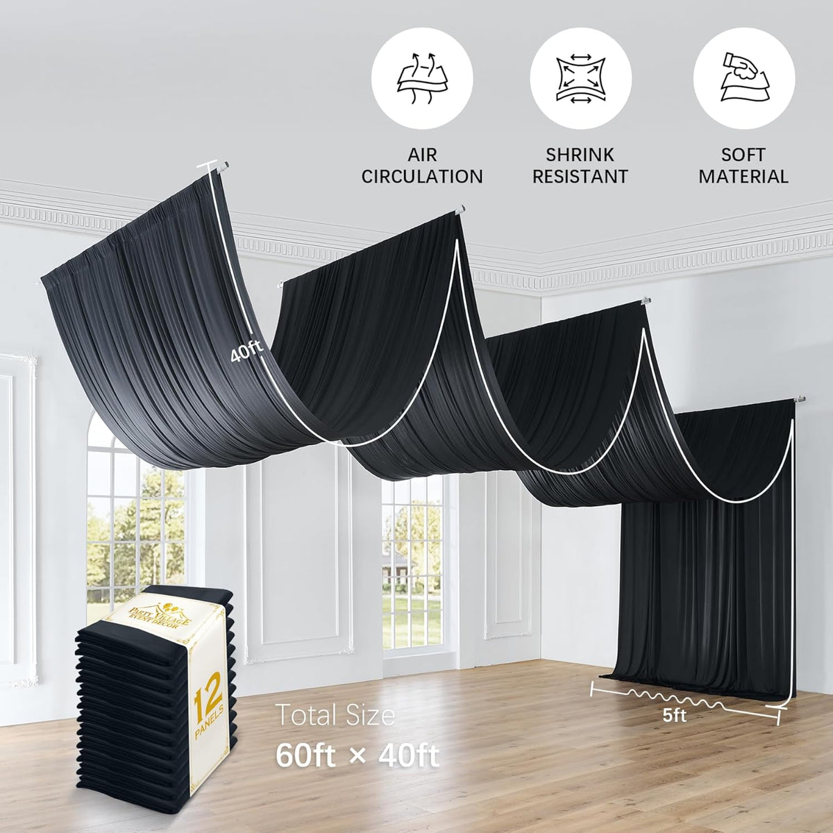 PartyVillage 60ftx40ft Black Ceiling Curtain for Halloween Parties – 12 Panels Wrinkle-Free 40 FT