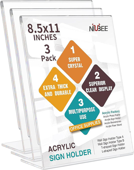 NIUBEE Slanted Back Acrylic Sign Holder 8.5 x 11 Inches, Clear Plastic Sign Holder Paper Display