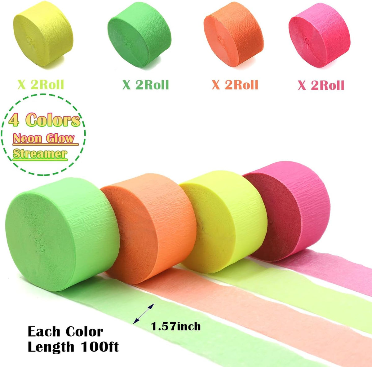800 feet Glow Party Neon Streamer Decorations Glow Crepe Paper Streamers UV Reactive Fluorescent