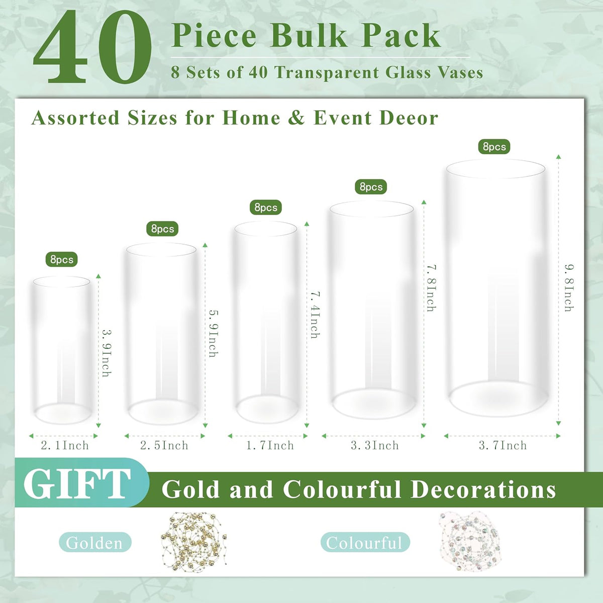 40pcs Glass Vase for Centerpieces, 4,6,7.5,8,10 inch Tall Clear Cylinder Flower Vase Bulk Floating