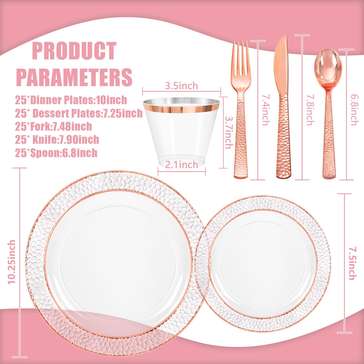 Ciaell 150PCS Rose Gold Plastic Plates – Disposable Plates with Rose Gold Plastic Silverware