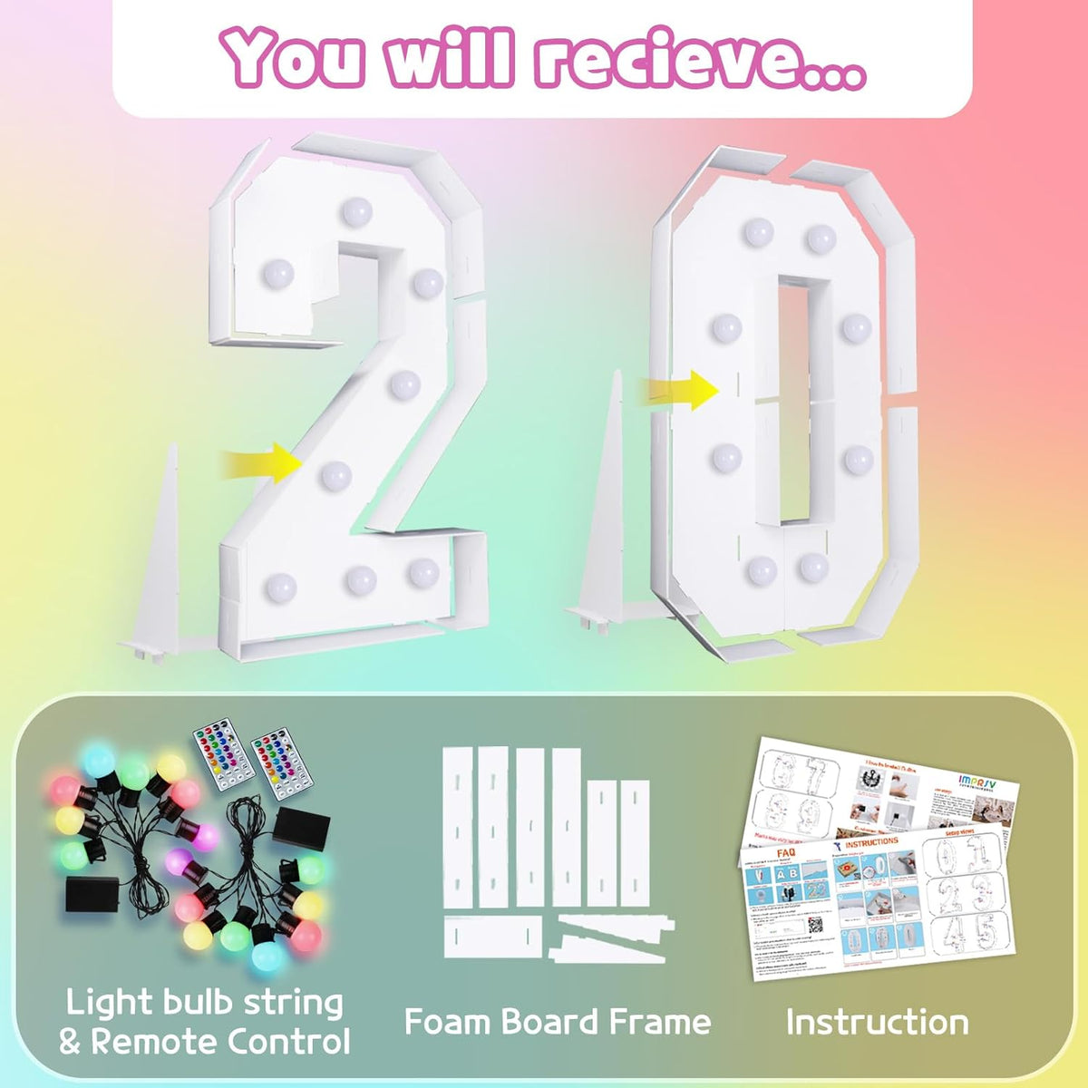 Marquee Numbers 20th-Birthday Decoration: Colorful 3FT Large Light Up 20 Year Old Birthday