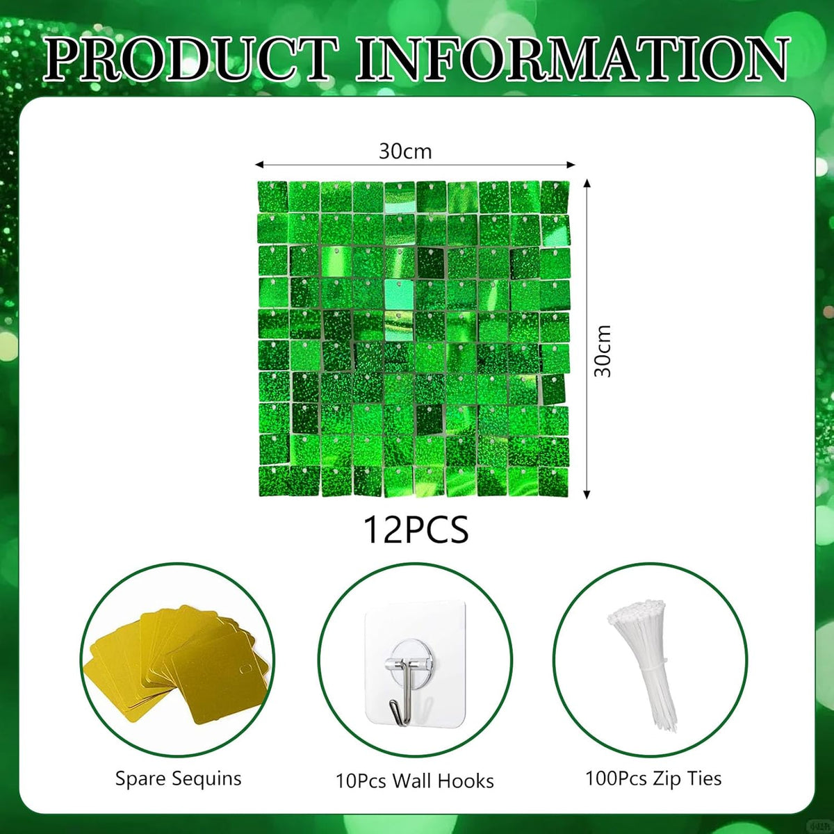12PCS Green Shimmer Wall Backdrop, Laser Square Sequin Photo Backdrops Panel, Glitter Wall